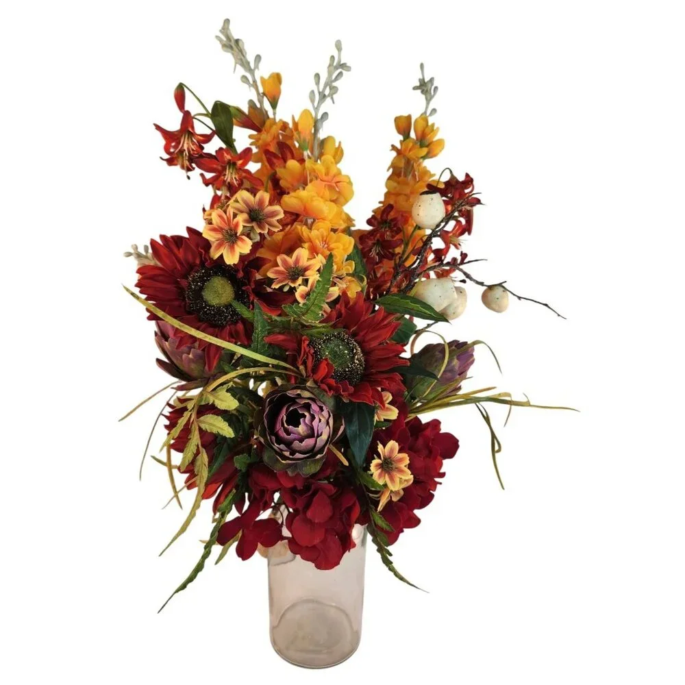 Artificial Floral Arrangement Bouquet - Fall Colors Red Yellow & Textured Accent